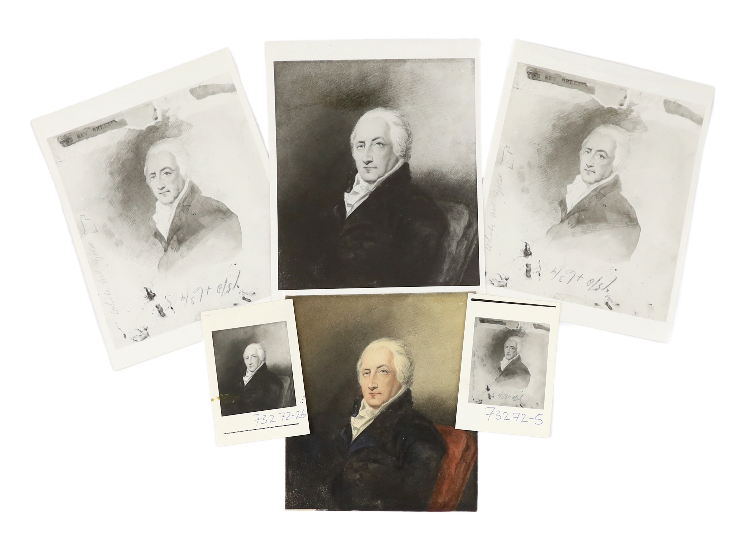 Late 18th century English School - Portrait of Sir William Eden, later 1st Baron Auckland, watercolour on card, 20 x 18cm. A sketch of the sitter verso.